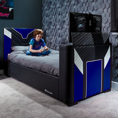 X Rocker Cerberus Ottoman TV Bed Single 3ft with Storage 32 Electric Lift PU Leather Blue