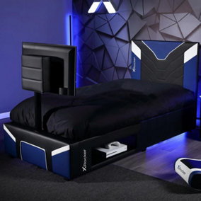 X-Rocker Cerberus Twist TV Gaming Bed, Single 3ft Low Sleeper with up to 32" TV Mount, 90x190cm Mattress Included - BLUE