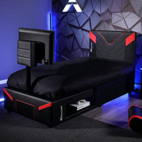 X-Rocker Cerberus Twist TV Gaming Bed, Single 3ft Low Sleeper with up to 32" TV Mount, 90x190cm Mattress Included - CARBON RED