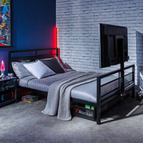 X Rocker Double 4ft6 Gaming Bed Frame with TV Mount Metal Black Storage Basecamp Mattress Included