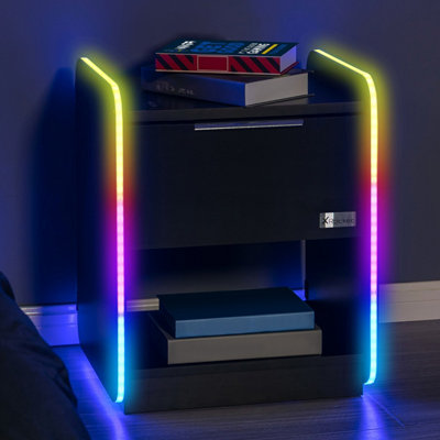 X-Rocker Electra RGB Bedside Table Storage Drawer Shelf with App Controlled LED Lights Wireless Charging - BLACK