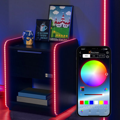 X-Rocker Electra RGB Bedside Table Storage Drawer Shelf with App Controlled LED Lights Wireless Charging - BLACK