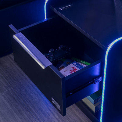 X-Rocker Electra RGB Bedside Table Storage Drawer Shelf with App Controlled LED Lights Wireless Charging - BLACK