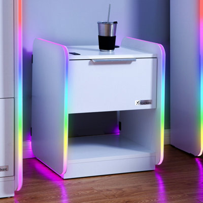 X-Rocker Electra RGB Bedside Table Storage Drawer Shelf with App Controlled LED Lights Wireless Charging - WHITE