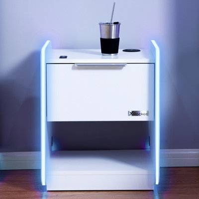 X-Rocker Electra RGB Bedside Table Storage Drawer Shelf with App Controlled LED Lights Wireless Charging - WHITE