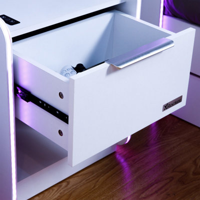 X-Rocker Electra RGB Bedside Table Storage Drawer Shelf with App Controlled LED Lights Wireless Charging - WHITE