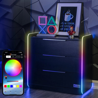 X-Rocker Electra RGB Chest of 3 Drawers Storage Sideboard Unit with App Controlled LED Lights - BLACK