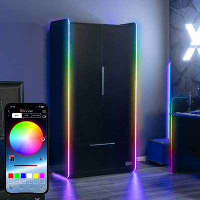 X-Rocker Electra RGB Double Wardrobe 2 Doors 1 Drawer Shelf App Controlled LED Lights - BLACK