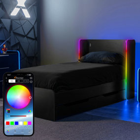 X-Rocker Electra RGB Gaming Bed Single 3ft Wooden Frame Trundle Storage Drawers App Controlled LED Lights - BLACK