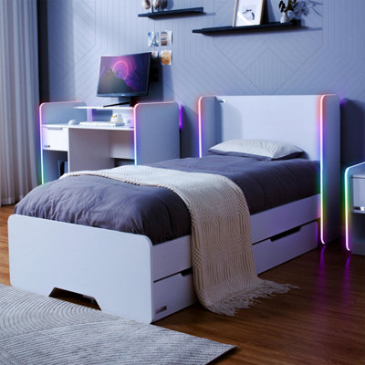 X-Rocker Electra RGB Gaming Bed Single 3ft Wooden Frame Trundle Storage Drawers App Controlled LED Lights - WHITE