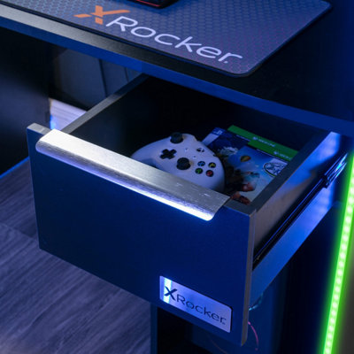 X-Rocker Electra RGB Gaming Desk 110cm Wide PC Computer Table Drawer Shelf App Controlled LED Lights & Wireless Charging - BLACK