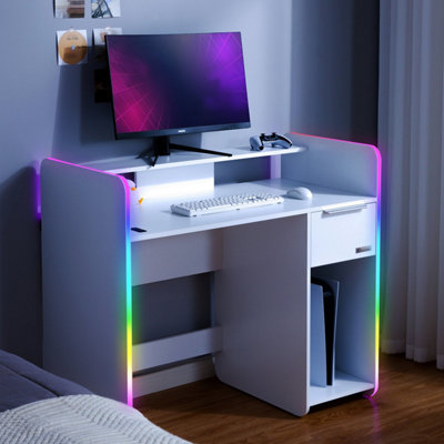 X-Rocker Electra RGB Gaming Desk 110cm Wide PC Computer Table Drawer Shelf App Controlled LED Lights & Wireless Charging - WHITE