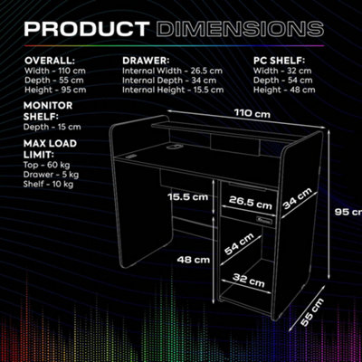 X-Rocker Electra RGB Gaming Desk 110cm Wide PC Computer Table Drawer ...