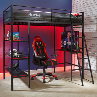 X-Rocker Fortress High Sleeper Gaming Bed Single Bunk Bed with Storage Shelves - BLACK