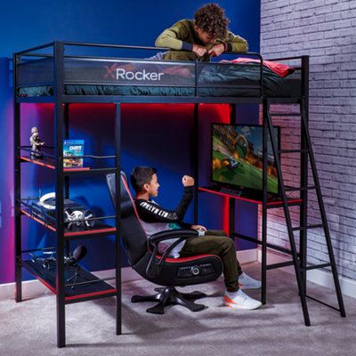 X Rocker Fortress High Sleeper Gaming Bed Single Bunk Bed with Storage Shelves BLACK
