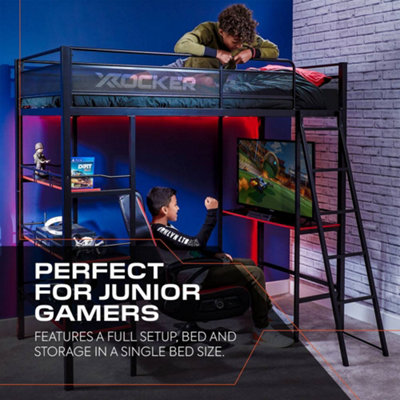 X Rocker Fortress High Sleeper Gaming Bunk Bed with Shelves - Black