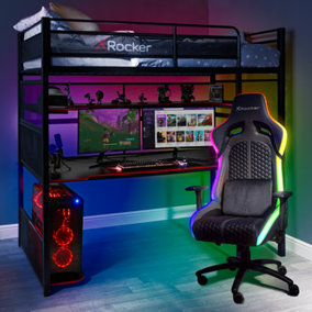 X Rocker High Sleeper Gaming Bed Metal Single 3ft Bunk Desk Shelves Battlebunk Mattress Included