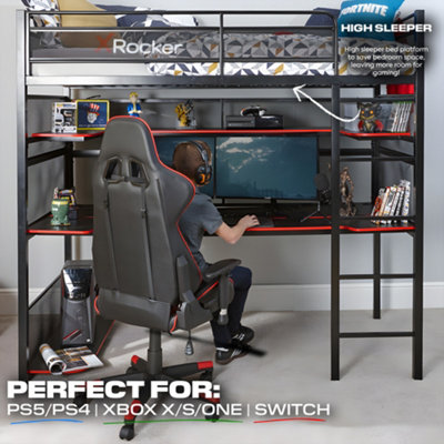 X Rocker High Sleeper Gaming Bed Metal Single 3ft Bunk Desk Shelves Battlebunk