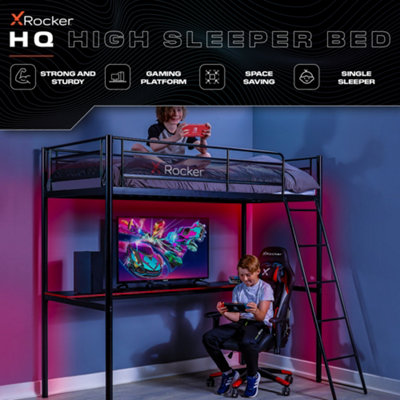 X-Rocker HQ Gaming Bunk Bed with Large Desk Kids Loft High Sleeper 3ft Single - BLACK