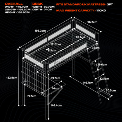 X-Rocker Icarus XL High Sleeper Bunk Bed 3ft Single Metal Loft Bed for ...
