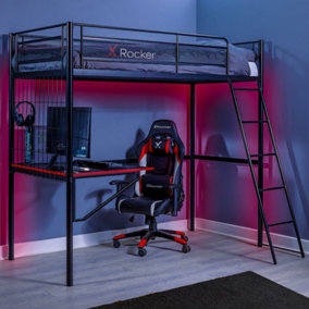 X-Rocker Icarus XL High Sleeper Bunk Bed, Metal 3ft Single Gaming Bed with Gaming Desk with Mattress Included - BLACK