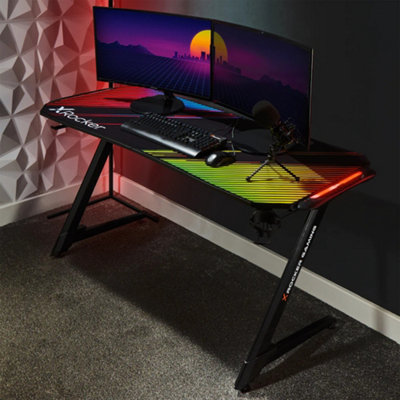 X-Rocker Jaguar RGB Gaming Desk, 150x60cm Large Gaming Desktop with FREE Mousepad - BLACK