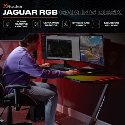 X-Rocker Jaguar RGB Gaming Desk, 150x60cm Large Gaming Desktop with FREE Mousepad - BLACK