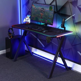X-Rocker Lumio 120 x 61cm RGB Gaming Desk, Large Gaming Table with Headphone Hook and Cup Holder Office Desk with FREE Mousemat