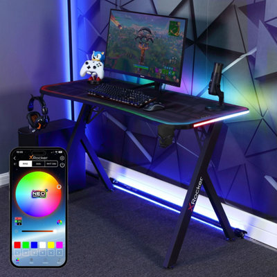 X-Rocker Lumio Compact 110 x 55cm RGB Gaming Desk, Gaming Table with Headphone Hook and Cup Holder Office Desk with FREE Mousemat