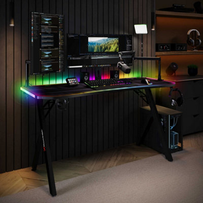 X-Rocker Lumio XL 140 x 60cm RGB Gaming Desk, Gaming Table with Headphone Hook and Cup Holder Office Desk with FREE Mousemat