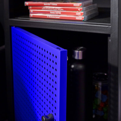 X-Rocker Mesh-Tek Metal Bedside Table Storage Cabinet Unit Nightstand - BLACK / BLUE