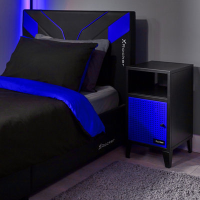 X-Rocker Mesh-Tek Metal Bedside Table Storage Cabinet Unit Nightstand - BLACK / BLUE