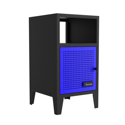 X-Rocker Mesh-Tek Metal Bedside Table Storage Cabinet Unit Nightstand - BLACK / BLUE