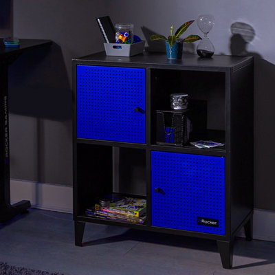 X-Rocker Mesh-Tek Metal Sideboard Display Cabinet, Square 4 Cube Storage with 2 Cupboards and 2 Shelves - BLACK / BLUE