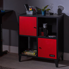 X-Rocker Mesh-Tek Metal Sideboard Display Cabinet, Square 4 Cube Storage with 2 Cupboards and 2 Shelves - BLACK / RED