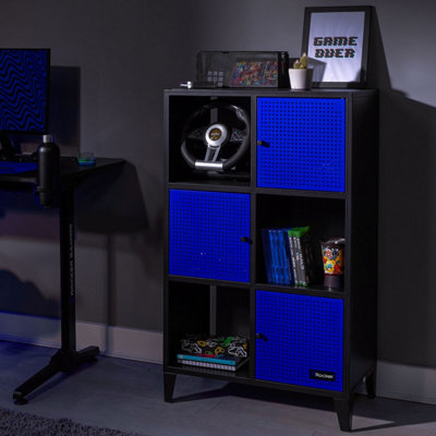 X-Rocker Mesh-Tek Metal Sideboard Display Cabinet, Tall 6 Cube Storage with 3 Cupboards and 3 Shelves - BLACK / BLUE