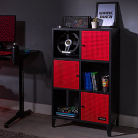 X-Rocker Mesh-Tek Metal Sideboard Display Cabinet, Tall 6 Cube Storage with 3 Cupboards and 3 Shelves - BLACK / RED