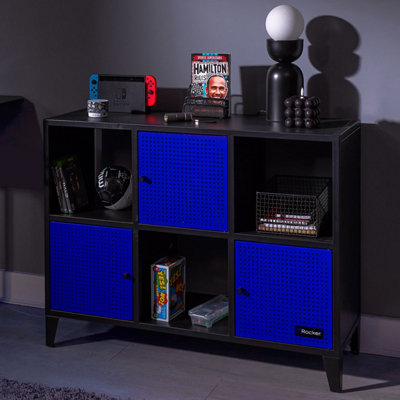 X-Rocker Mesh-Tek Metal Sideboard Display Cabinet, Wide 6 Cube Storage with 3 Cupboards and 3 Shelves - BLACK / BLUE