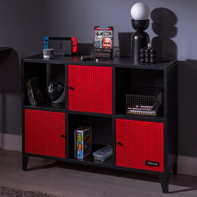 X-Rocker Mesh-Tek Metal Sideboard Display Cabinet, Wide 6 Cube Storage with 3 Cupboards and 3 Shelves - BLACK / RED