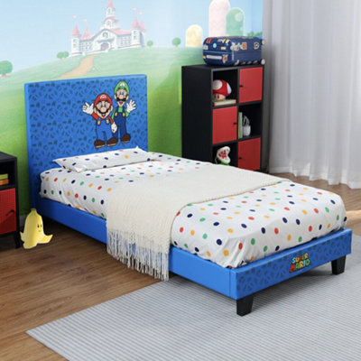 X-Rocker Official Super Mario Gaming Bed, Faux Leather Upholstered Pattern for Kids Bedroom Super Mario Bros, Mario & Luigi - BLUE