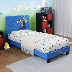 X-Rocker Official Super Mario Gaming Bed, Faux Leather Upholstered Pattern for Kids Bedroom Super Mario Bros, Mario & Luigi - BLUE