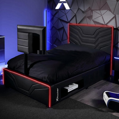 X-Rocker Oracle RGB TV Gaming Bed, Single 3ft Upholstered TV Bed with 40" TV Mount with 90x190cm Mattress Included - BLACK