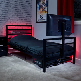 X Rocker Single 3ft Gaming Bed Frame TV Mount Metal Black Storage Shelf Basecamp Mattress Included