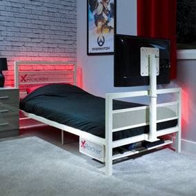 X Rocker Single 3ft Gaming Bed Frame TV Mount Metal White Storage Shelf Basecamp Mattress Included