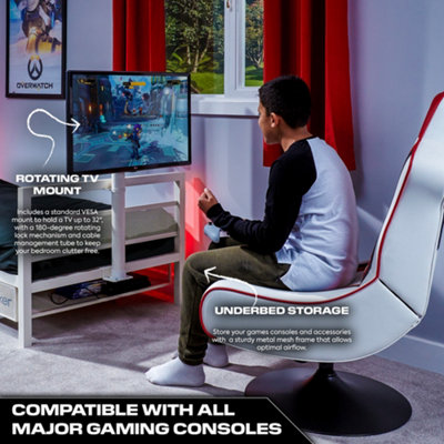 X Rocker Single 3ft Gaming Bed Frame TV Mount Metal White Storage Shelf Basecamp
