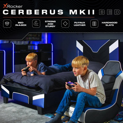 X Rocker Small Double Gaming Bed Cerberus MKII Bed in a Box PU Leather 4ft Frame Blue Black White