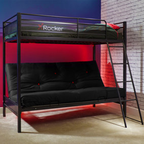 X-Rocker Stronghold Triple Sleeper Bunk Bed, Single High Sleeper & Double Futon - BLACK
