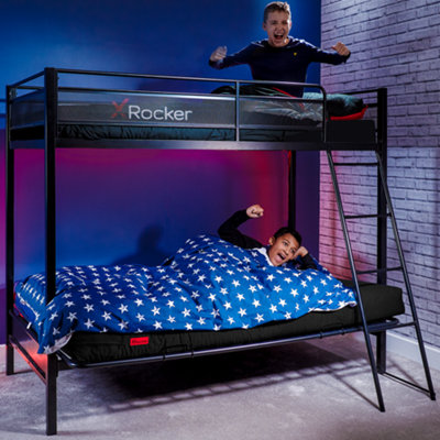 X-Rocker Stronghold Triple Sleeper Bunk Bed, Single High Sleeper & Double Futon - BLACK