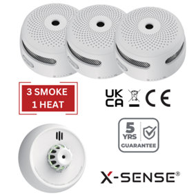 X-Sense Smoke and Heat Alarm Set - Battery Powered & Interlinkable - 3 Smoke / 1 Heat