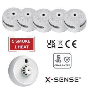 X-Sense Smoke and Heat Alarm Set - Battery Powered & Interlinkable - 5 Smoke/ 1 Heat